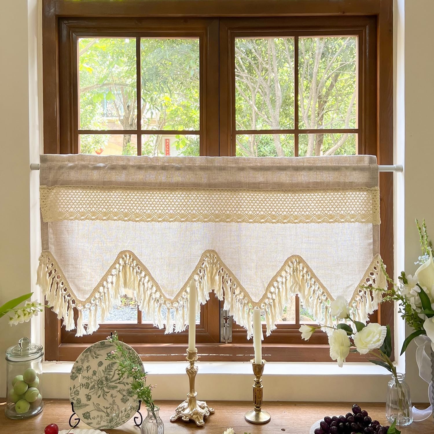 Beige Tassel Crochet Linen Boho Window Valance
