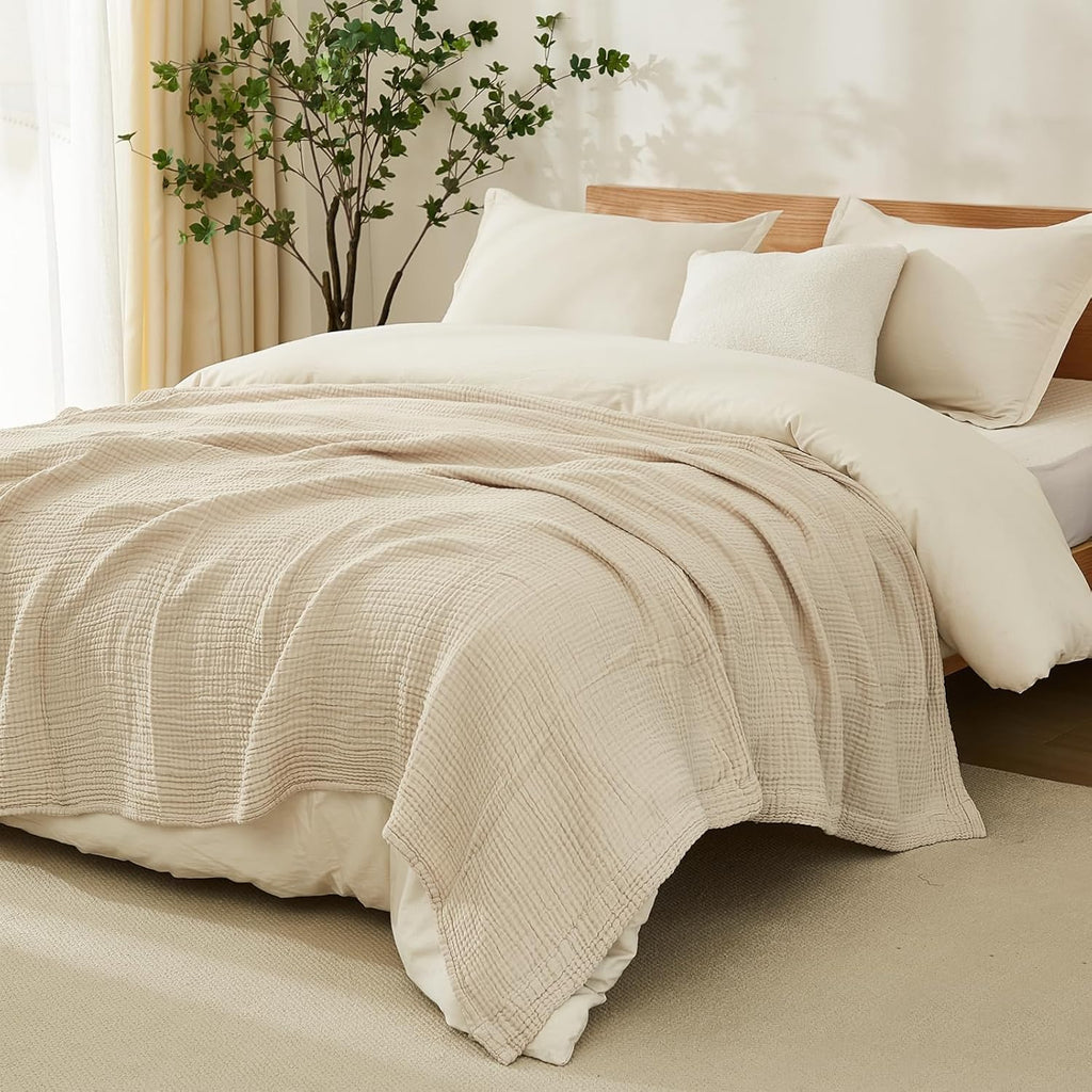 Beige 4-Layer Muslin Cotton Throw Blanket