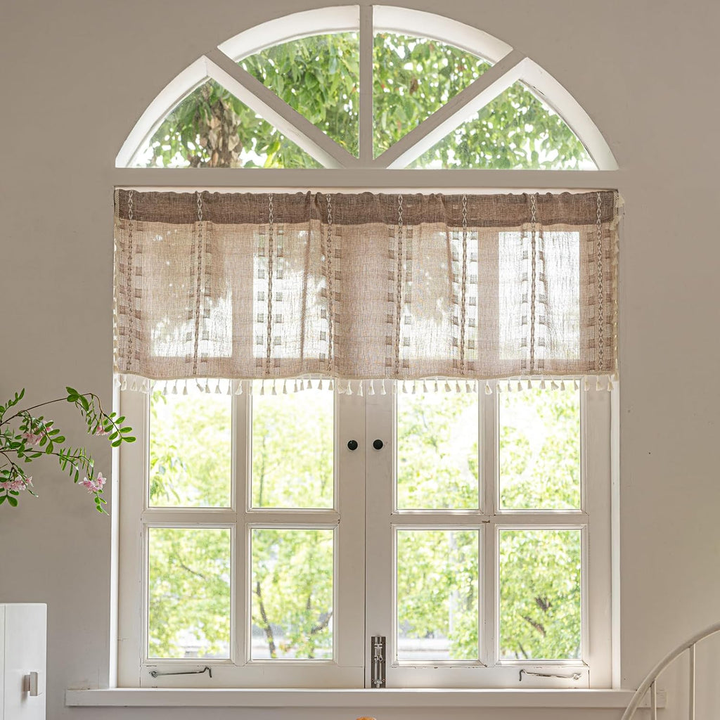 Natural Tassel Striped Linen Boho Kitchen Valance