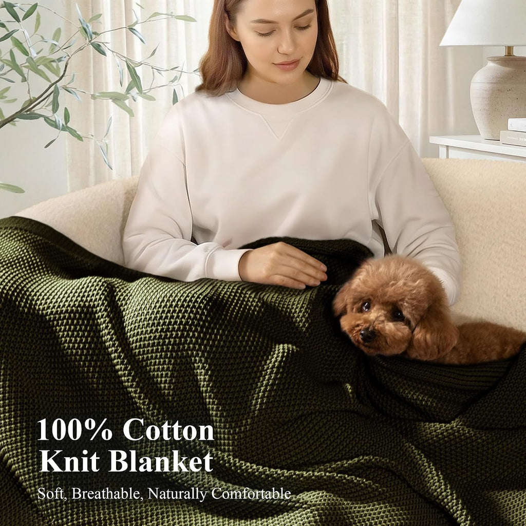 Olive Green Cable Knit Cotton Throw Blanket