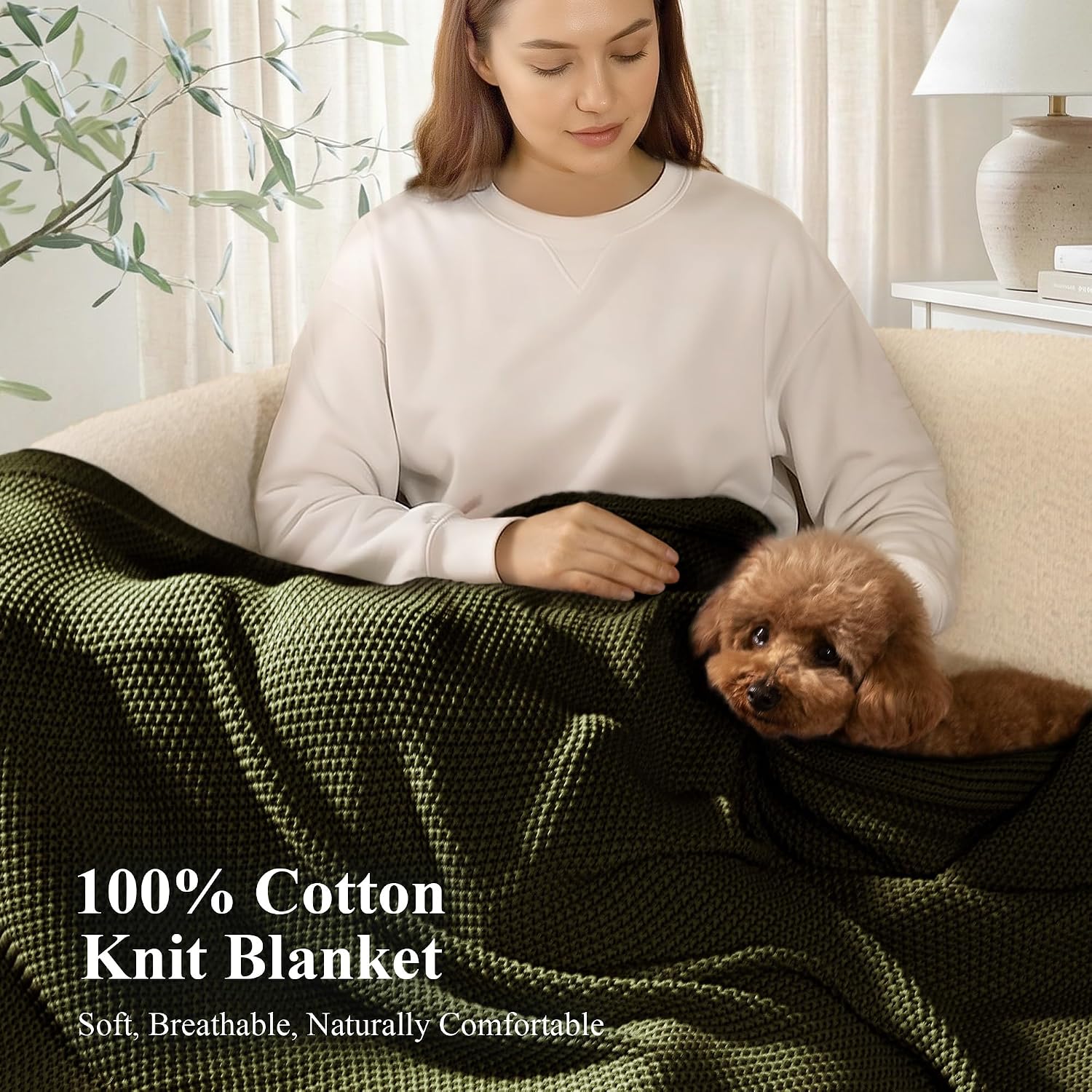 Olive Green Cable Knit Cotton Throw Blanket