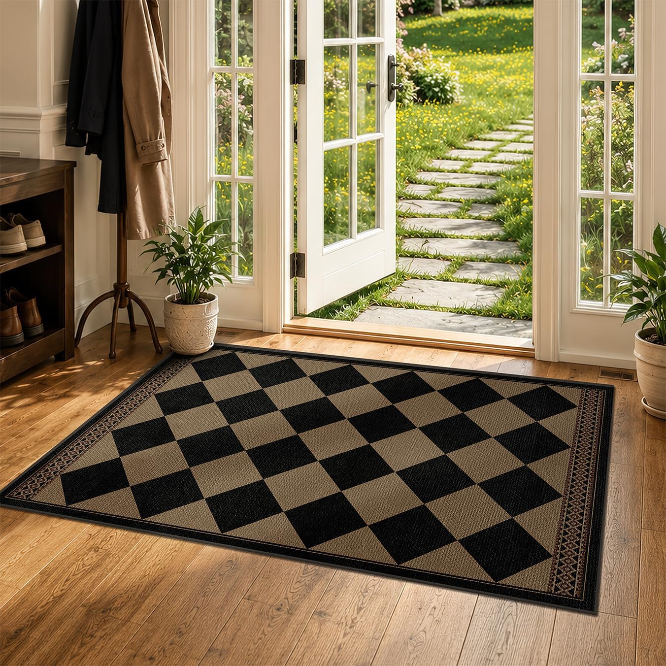 Brown Black Checkered Washable Jute Outdoor Rug