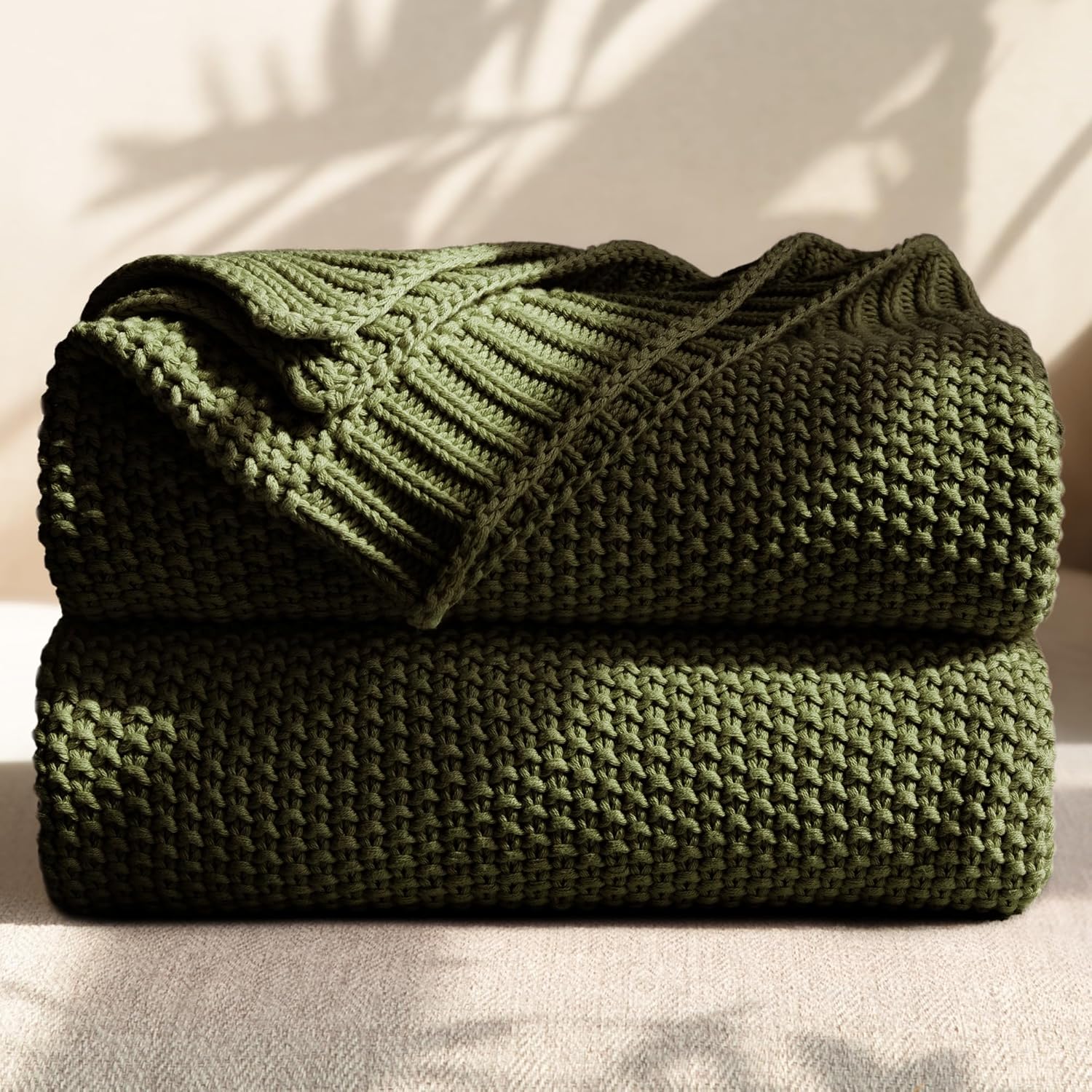 Olive Green Cable Knit Cotton Throw Blanket