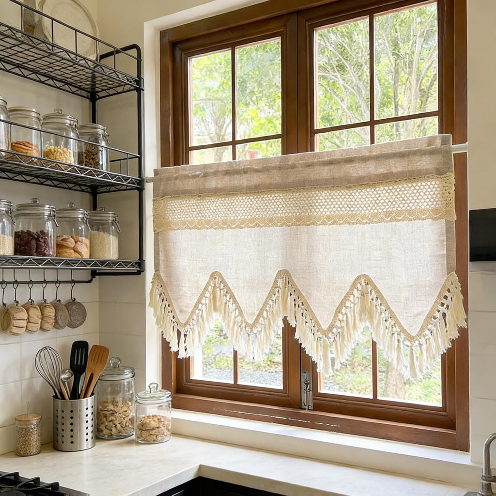 Beige Tassel Crochet Linen Boho Window Valance