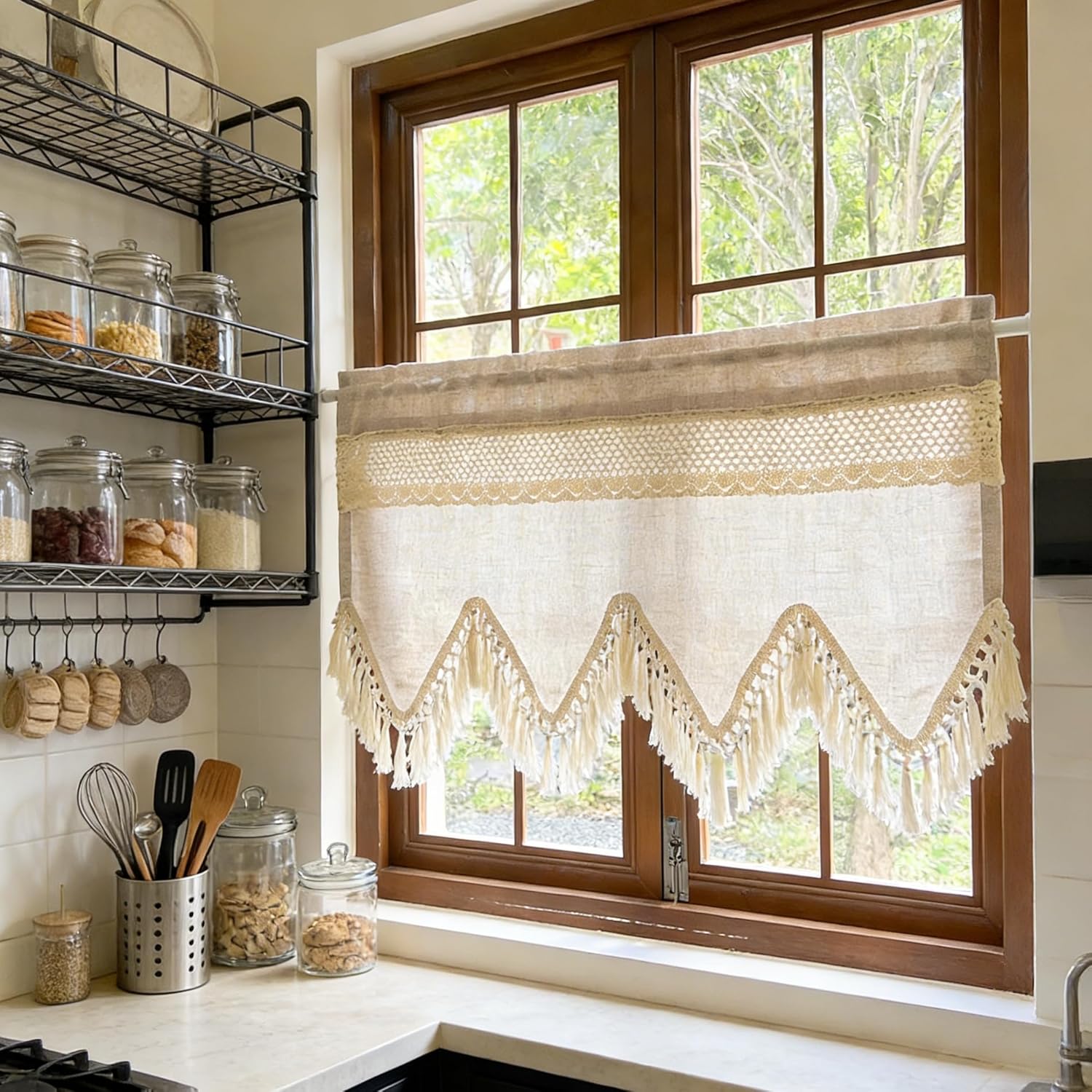 Beige Tassel Crochet Linen Boho Window Valance