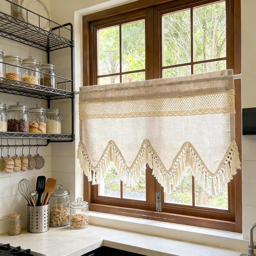 Beige Tassel Crochet Linen Boho Window Valance