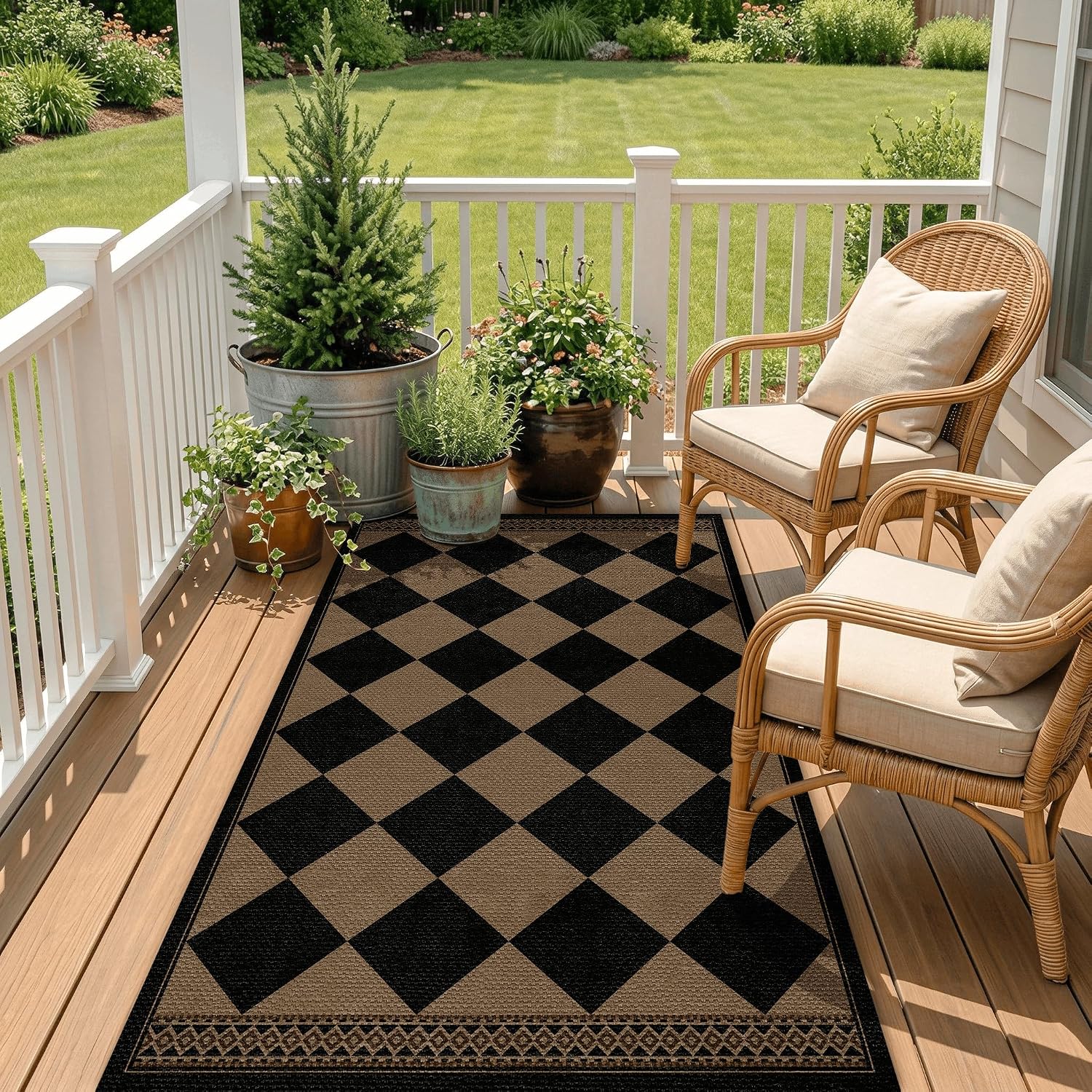 Brown Black Checkered Washable Jute Outdoor Rug