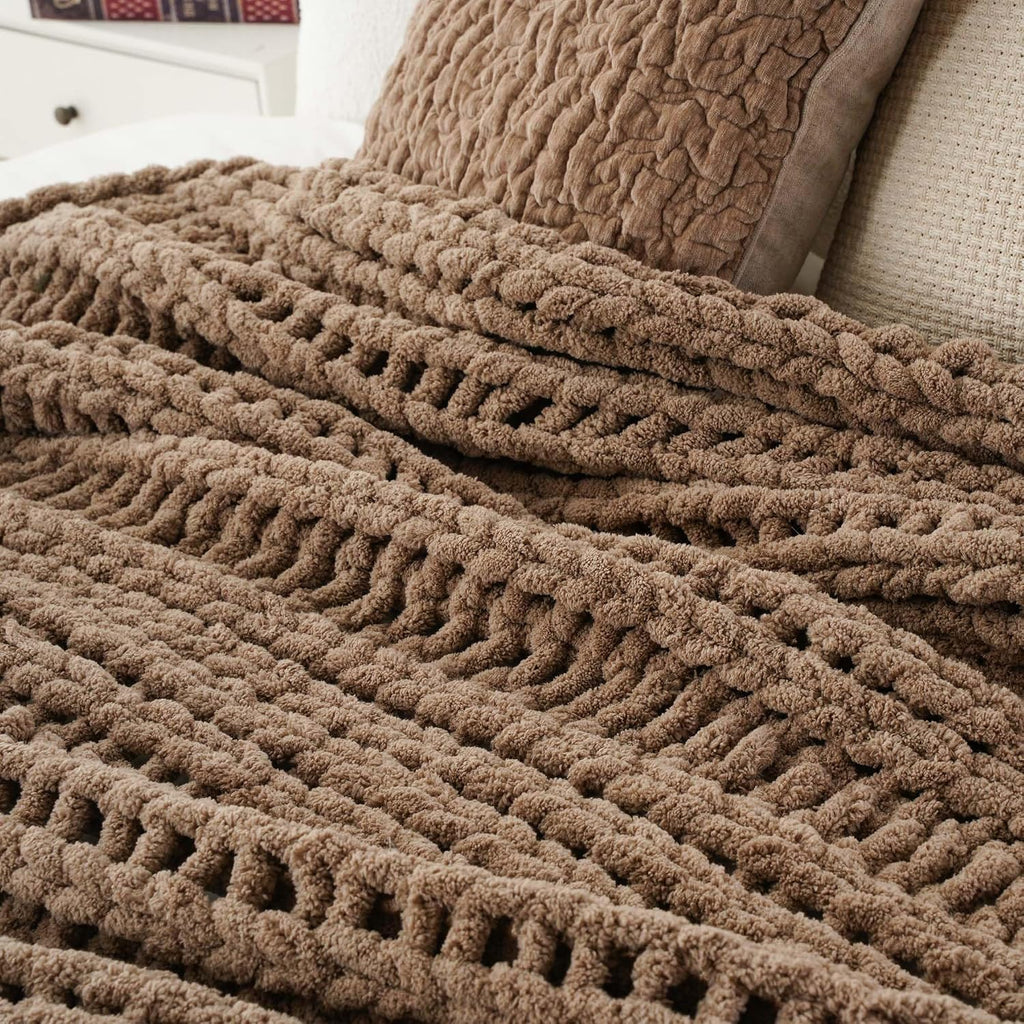 Battilo Taupe Chunky Chenille Knit Throw Blanket