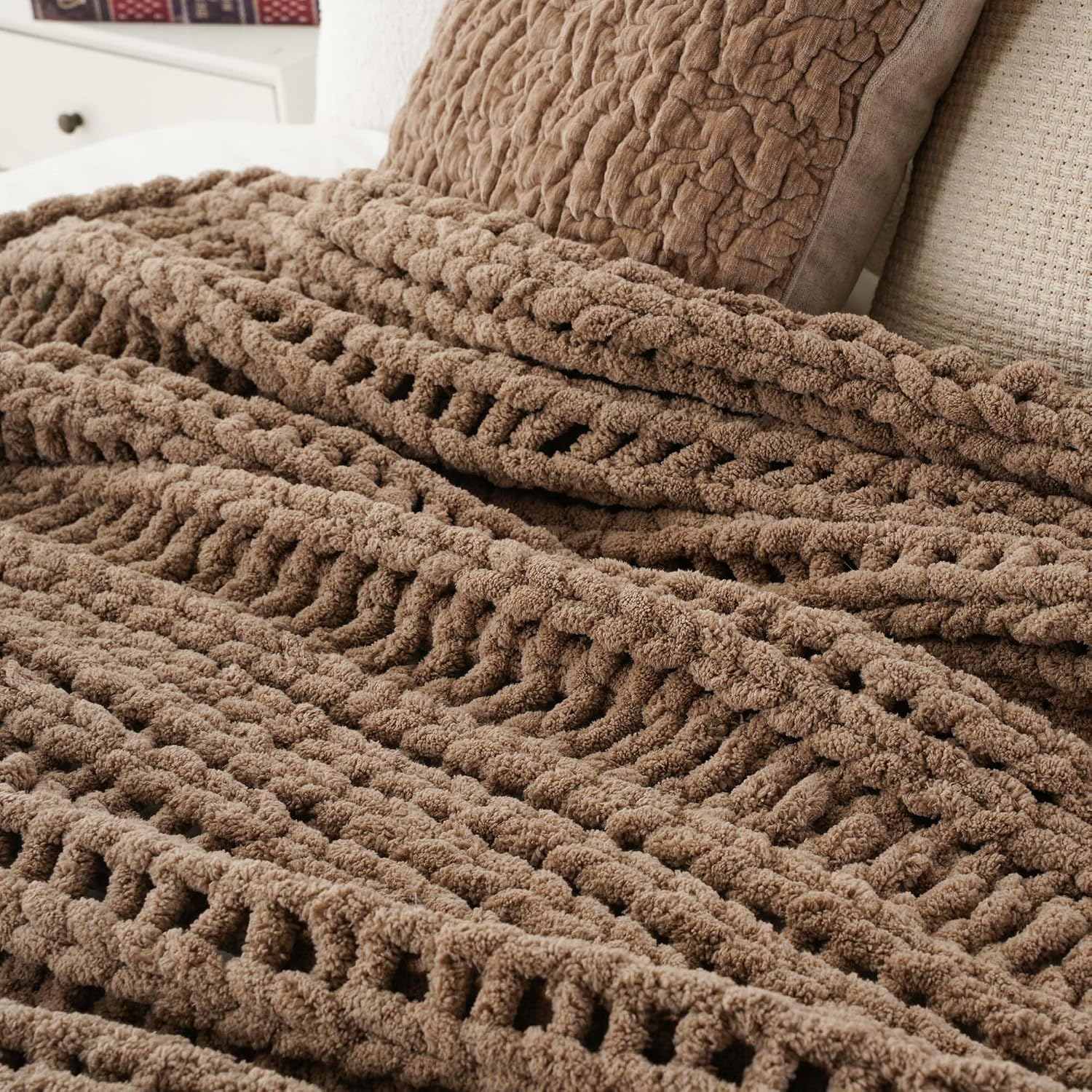 Battilo Taupe Chunky Chenille Knit Throw Blanket