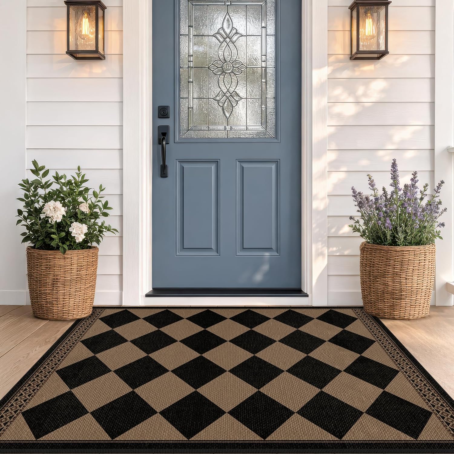 Brown Black Checkered Washable Jute Outdoor Rug