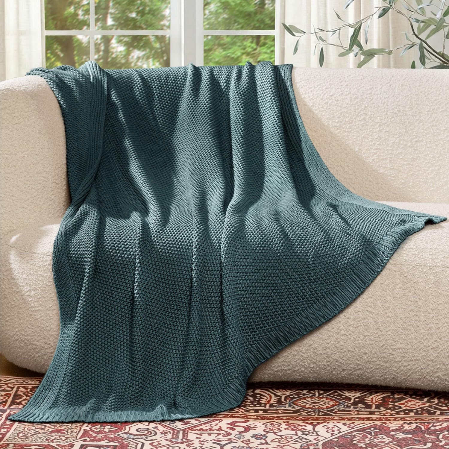 Teal Cable Knit Cotton Decor Throw Blanket