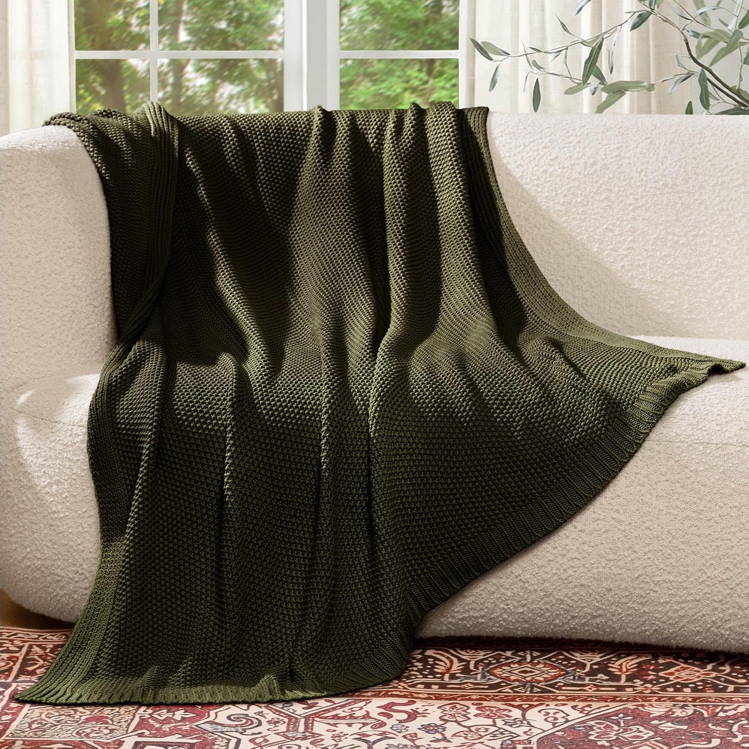 Olive Green Cable Knit Cotton Throw Blanket