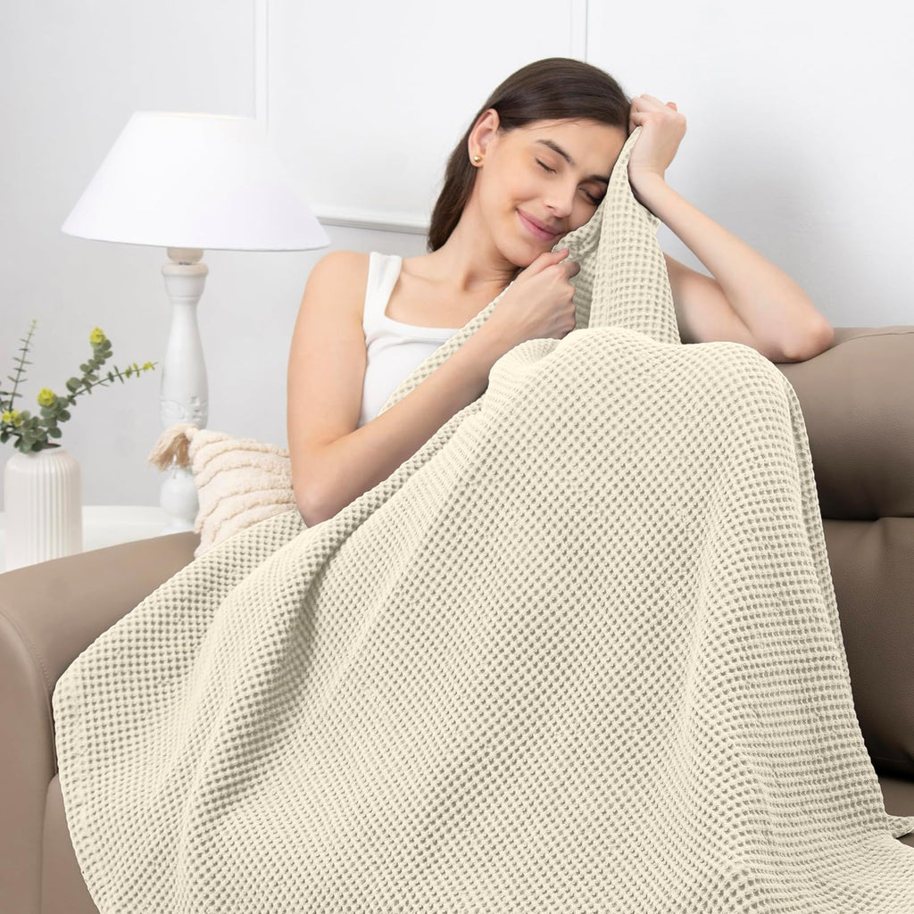 Beige Waffle Cotton Summer Couch Throw Blanket