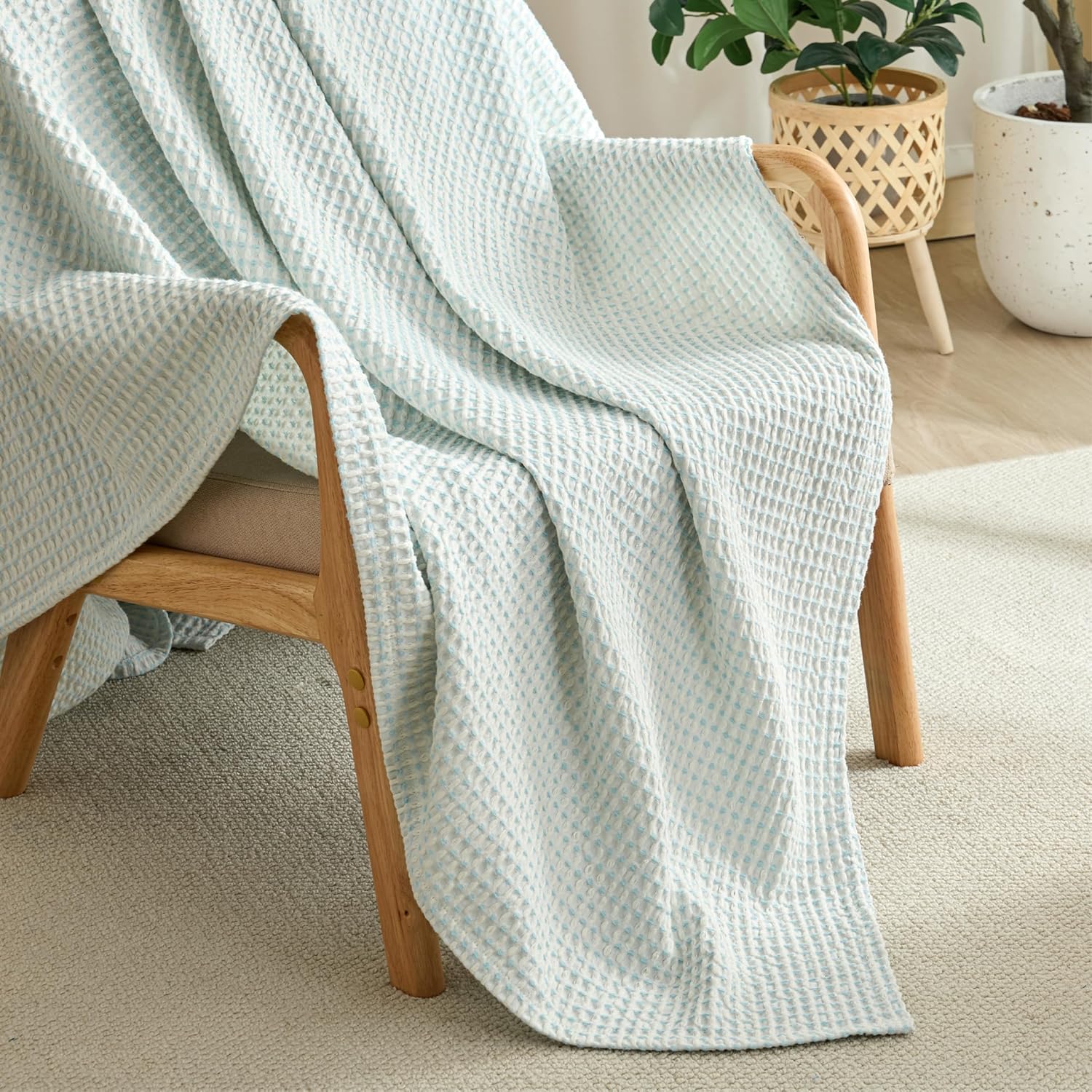 Light Blue White Two-Tone Waffle Cotton Throw Blanket