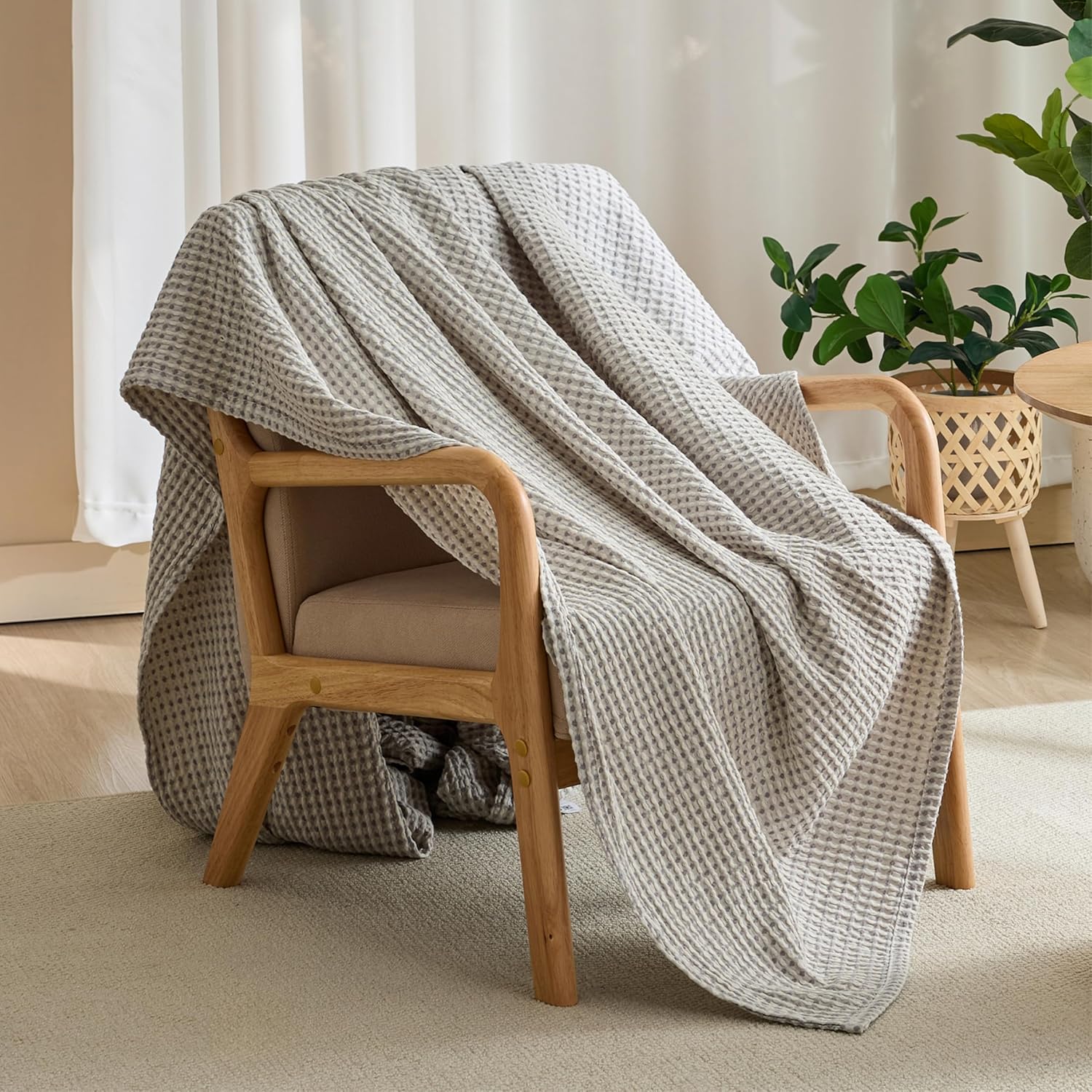 Gray White Two-Tone Waffle Cotton Throw Blanket